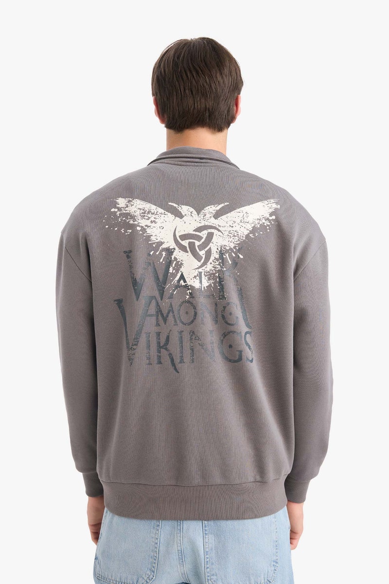 DeFacto Grey Man Boxy Fit Vikings Valhalla Printed Long Sleeve Sweatshirt Casual - Image 5
